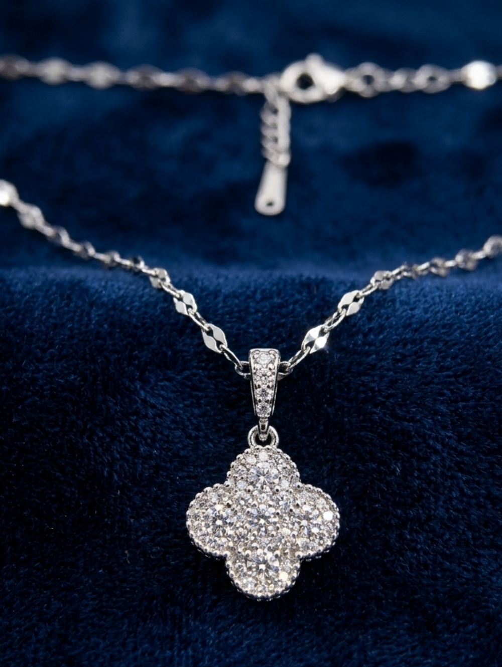 Stainless Steel Pavé Clover Pendant Necklace - Silver Toned